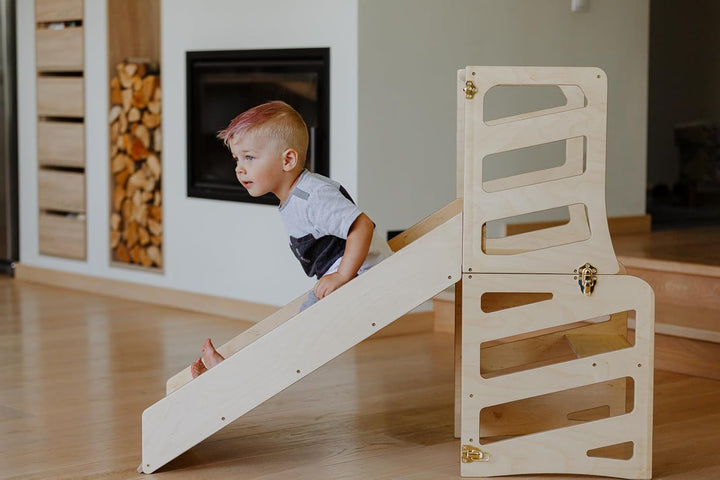 Weco Montessori Kinder Lernturm 3 in 1 Streifen Design mit Rutsche und Tritthocker FSC Zertifikat Sc