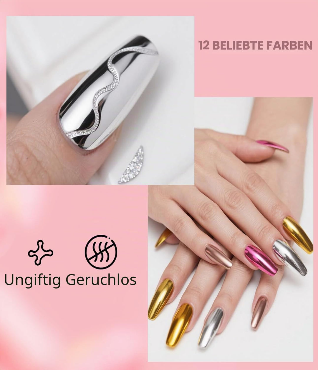 BISHENGYF 12 Chrom Glitzer Pulver, Spiegel Effekt Chrome Pigmente für Nagelkunst und Nageldesign Sta