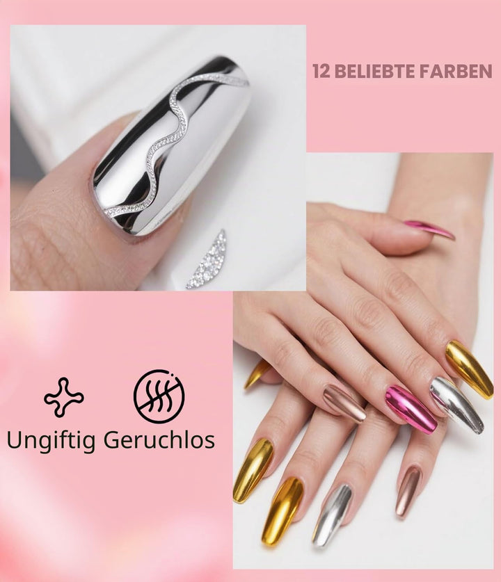BISHENGYF 12 Chrom Glitzer Pulver, Spiegel Effekt Chrome Pigmente für Nagelkunst und Nageldesign Sta