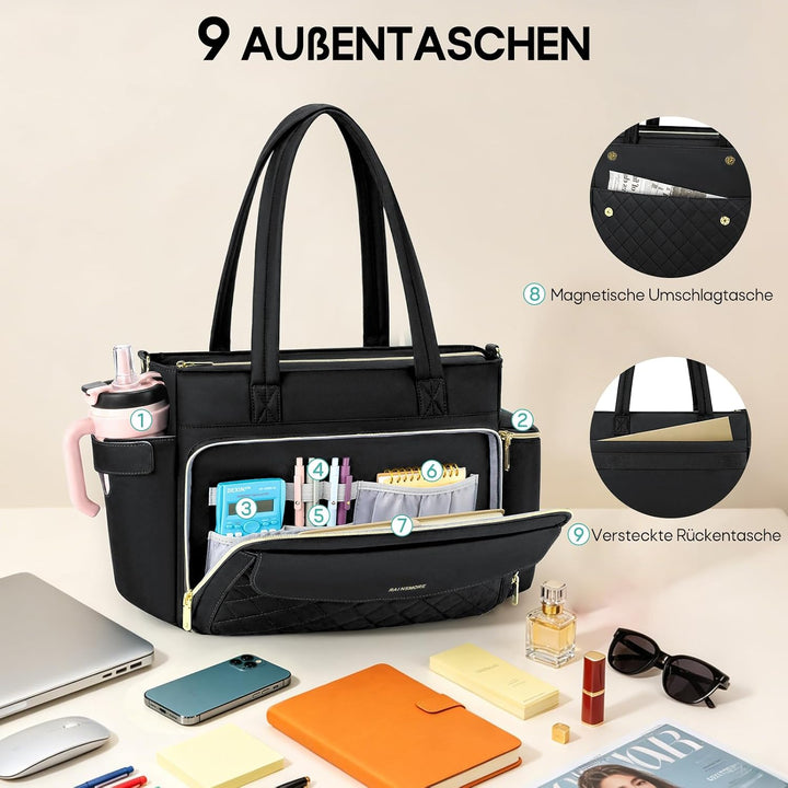 RAINSMORE Lehrertasche Damen Gross Laptoptasche, 15,6 Zoll, Schwarz | Arbeitstasche Isolierfach und