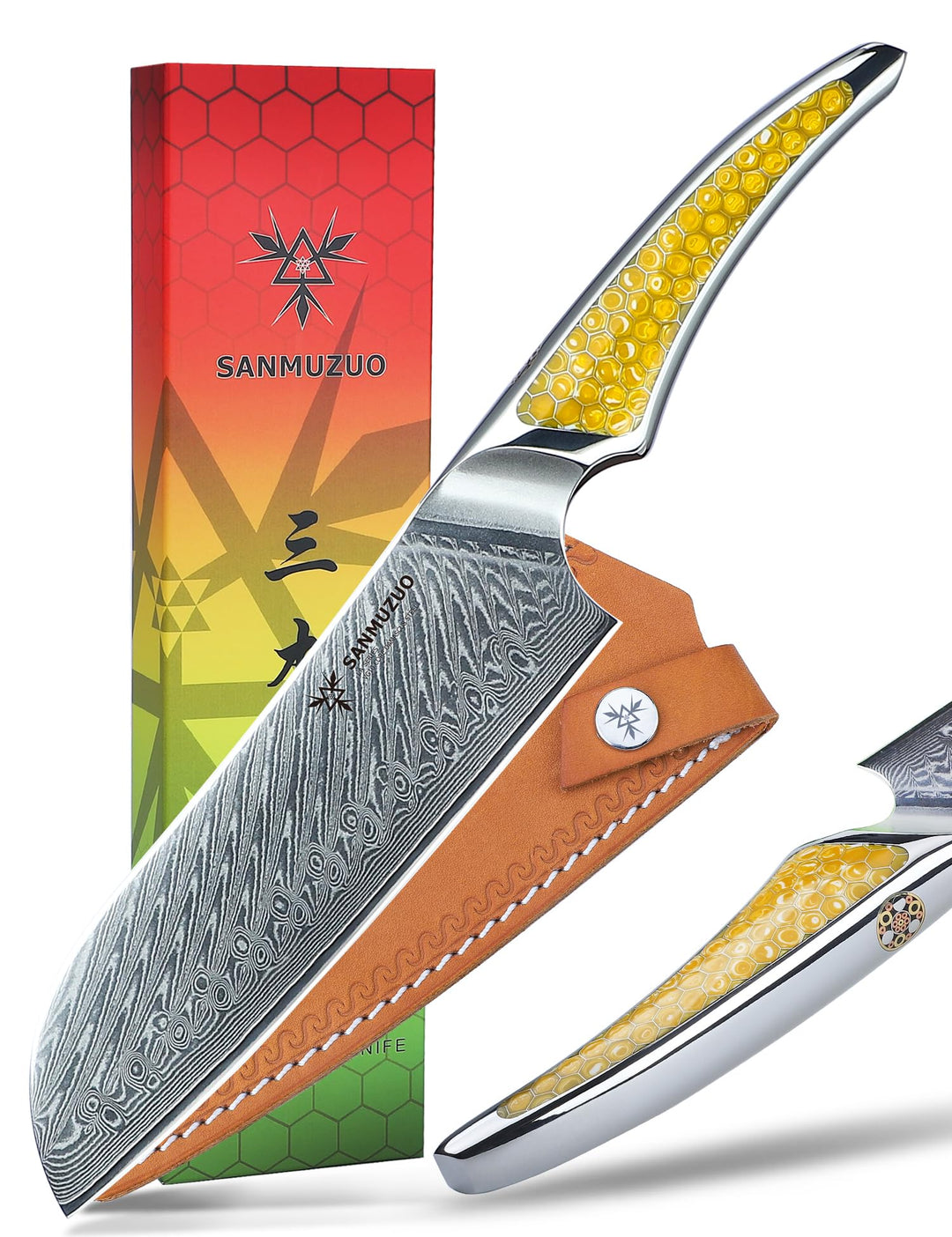 SANMUZUO 17,5CM Santokumesser, Kochmesser aus Japanischem VG-10-Damaststahl, ultrascharfes Küchenmes