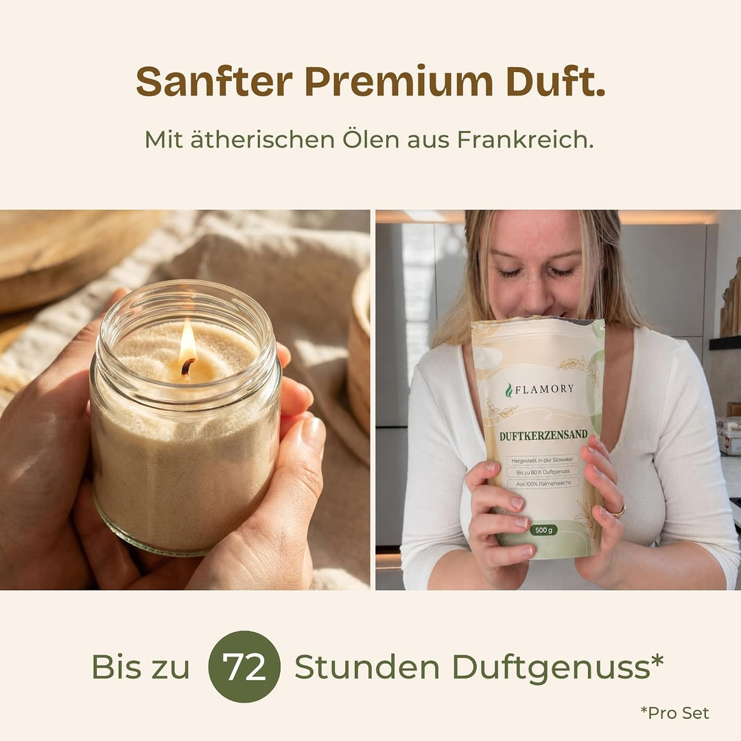 Kerzensand mit Duft Starter Set 3x150g inkl. Glas &amp; Deckel – [Orange/Citronella/Verbena] – 9 Dochte