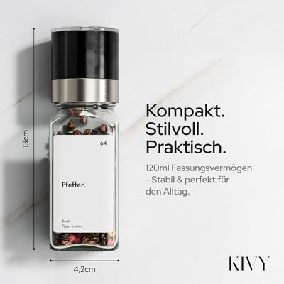 KIVY Salz und Pfeffermühle 2er Set + 8 Wasserfeste Label - Verstellbares Keramikmahlwerk - Gewürzmüh