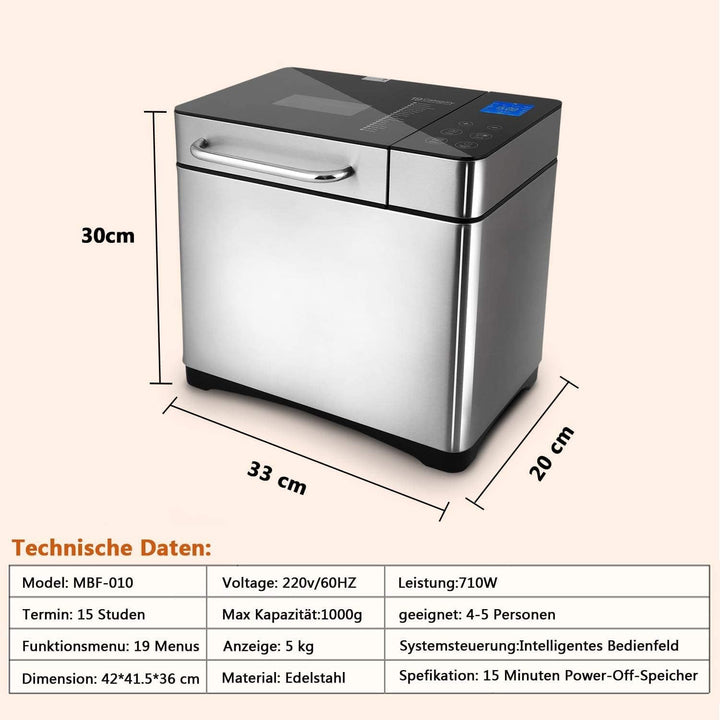 Brotbackautomat 710W Backmeister mit Automatische Zutatenbox, 19 Programme, Edelstahl Bread Maker Vo