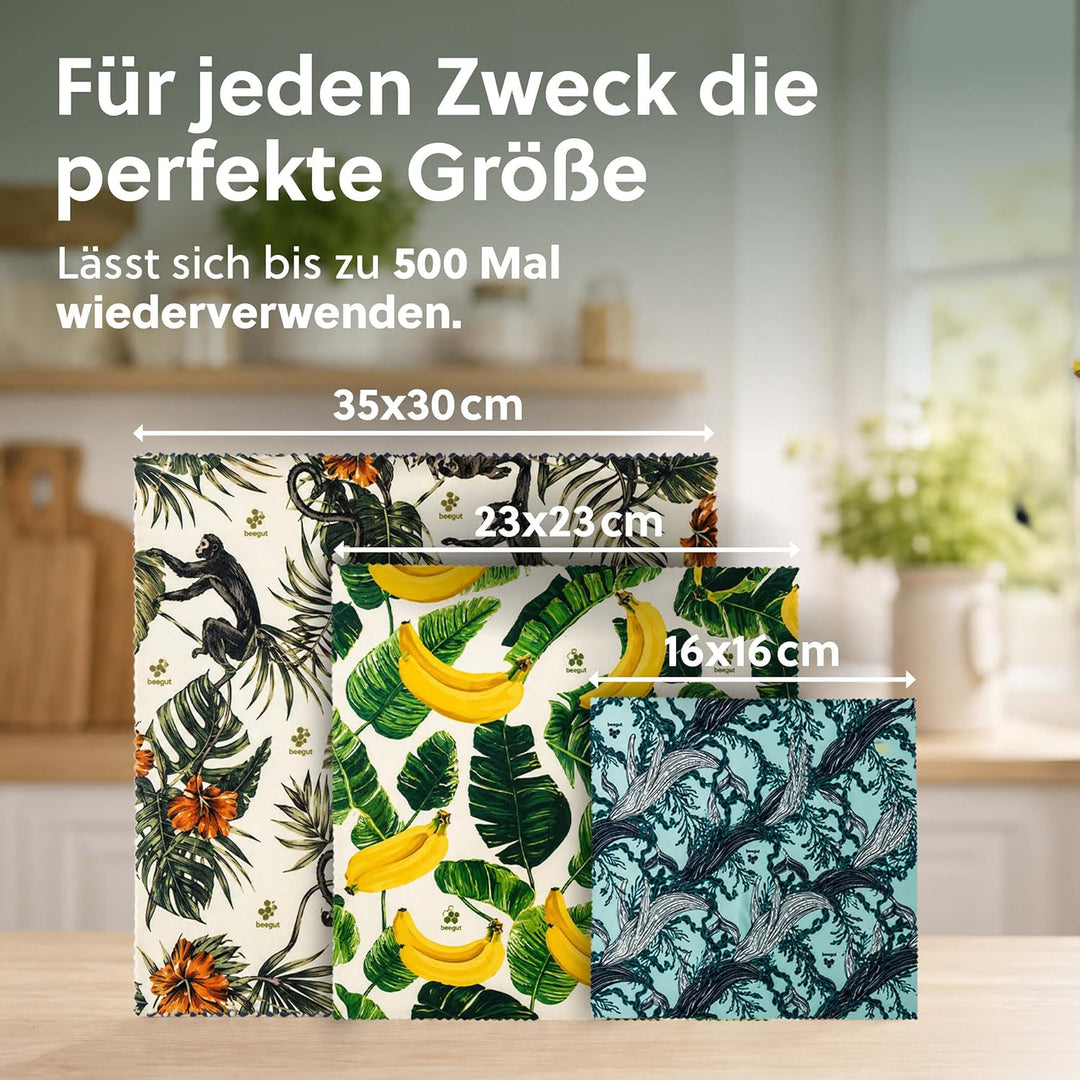 beegut Bienenwachstücher 3er Set aus Deutschland mit Bio Rohstoffen, Lebensmittel plastikfrei frisch