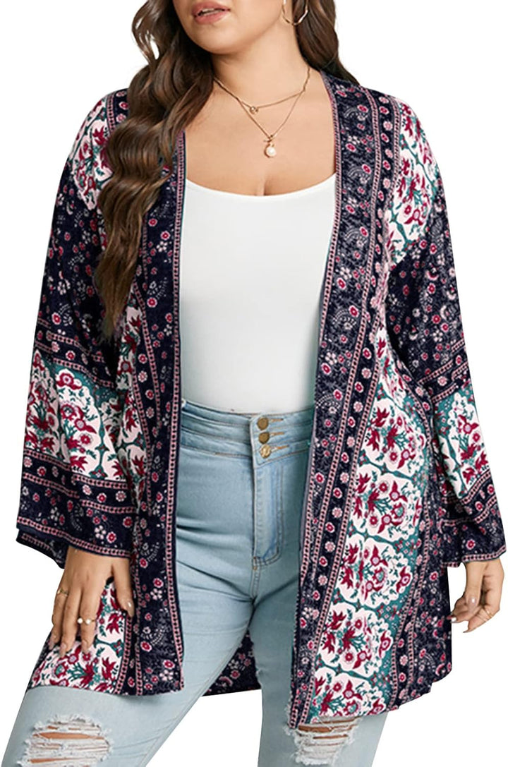 ZANZEA Damen Blumendruck Kimono Strickjacke Boho Strandkleid Pareos Poncho Sommer Strand Cardigan Bi