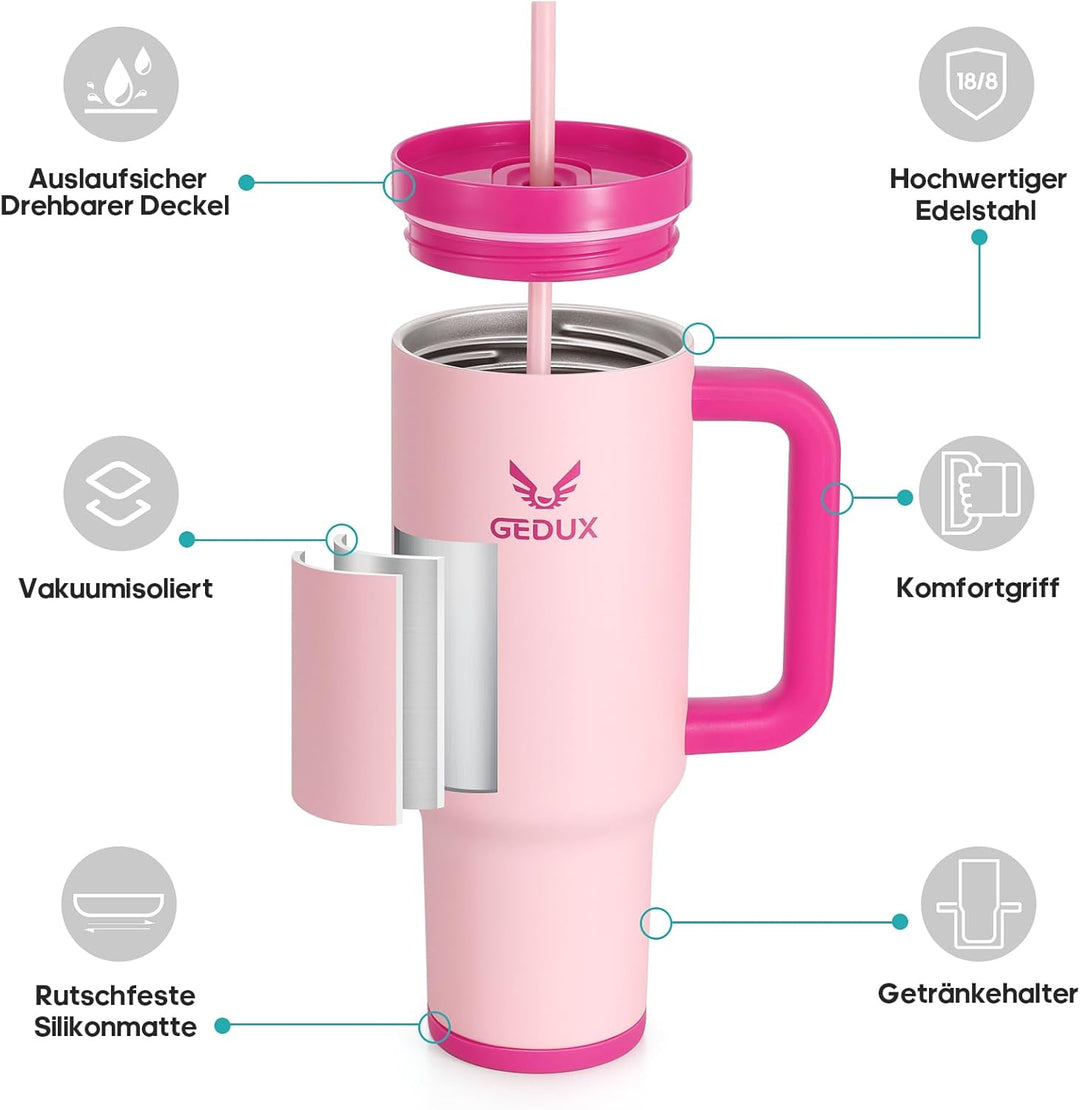 Trinkflasche mit Strohhalm 1.2L - Thermobecher mit Henkel auslaufsicher - Doppelwandige Vakuumisolie