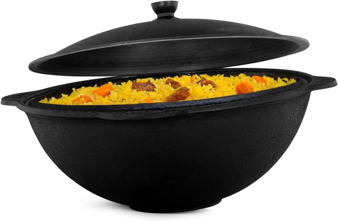 BIG-PAN Kasan Gusseisen 10L mit Aluminium Deckel flacher Boden Schaumkelle Lagan handbemalt Original