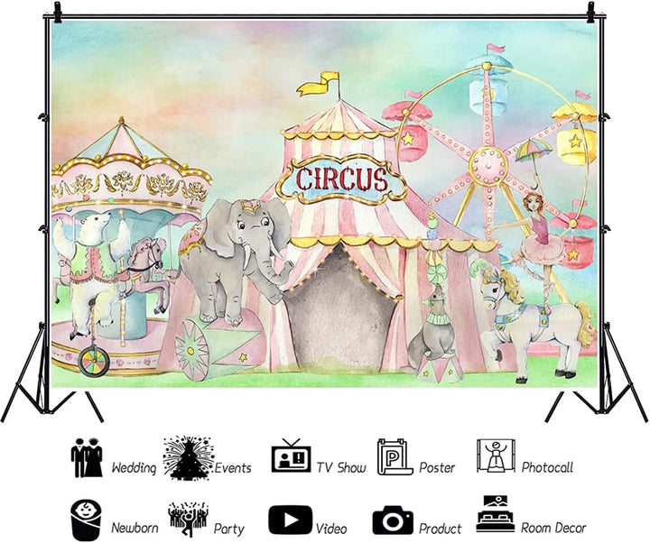 Renaiss 2.5x1.8m Karneval Zirkus Hintergrund Rosa Zelt Riesenrad Karussell Süsse Tiere Fotografie Hi