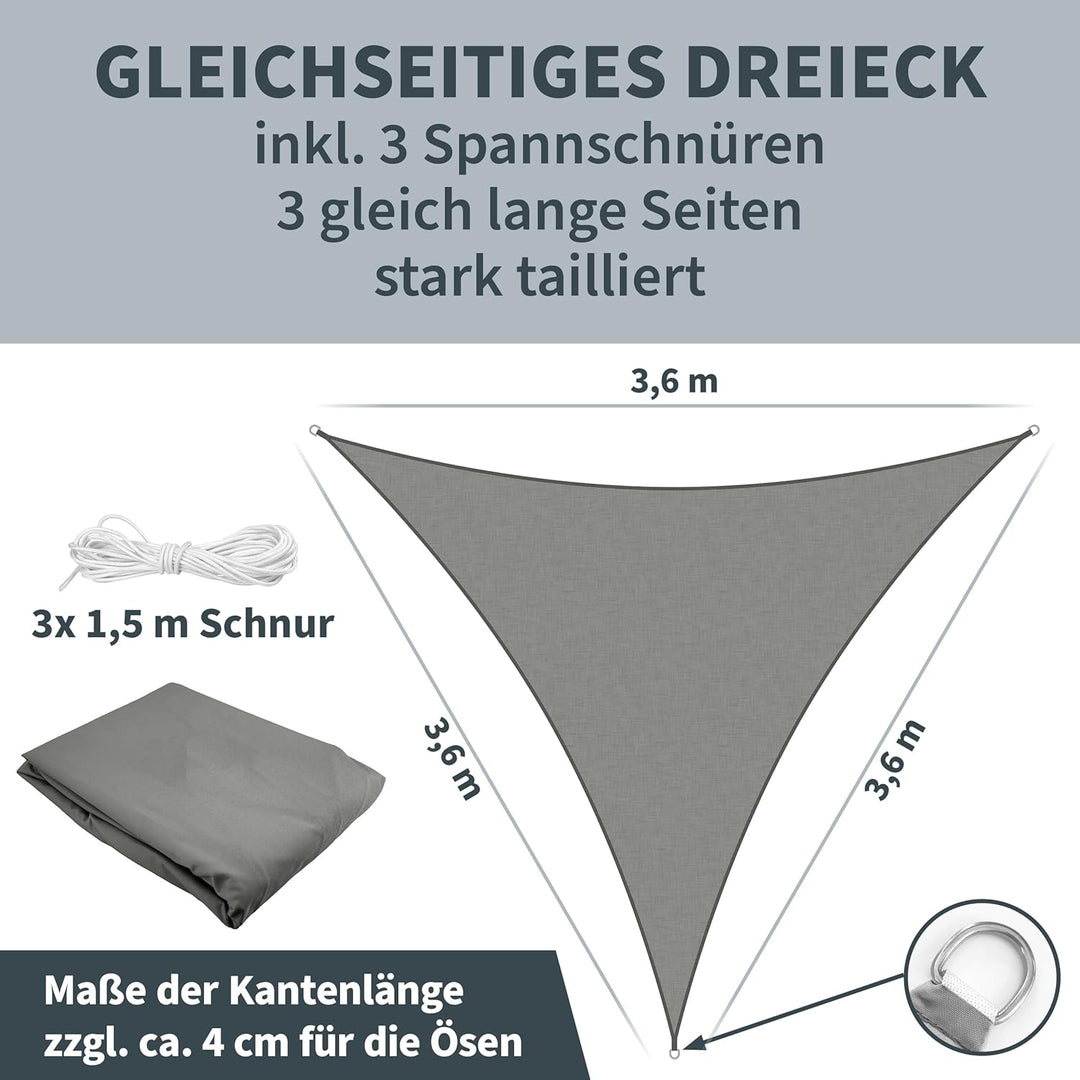 TTL GARDEN 3,6x3,6x3,6m Sonnensegel Dreieck gleichseitig anthrazit - Premium Polyester 300D 160g/m²