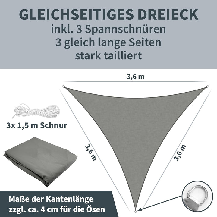 TTL GARDEN 3,6x3,6x3,6m Sonnensegel Dreieck gleichseitig anthrazit - Premium Polyester 300D 160g/m²