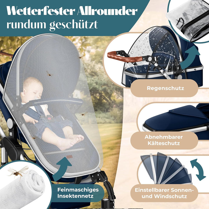 KESSER® Loops 3 in 1 Kinderwagen Kombikinderwagen Komplett-Set inkl. Babywanne &amp; Buggy Sportsitz &amp; A