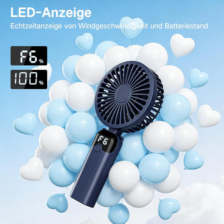 Handventilator, Tragbarer Mini Ventilator mit 4000mAh Akku, 6 Geschwindigkeitsstufen, 90° Faltbar Ha