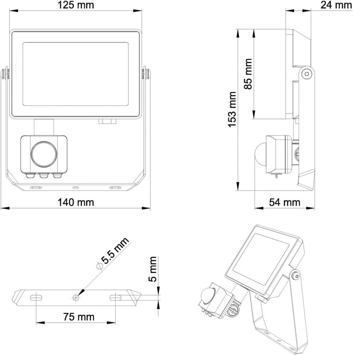 Philips ProjectLine Flutlicht, 20W, 3000K, schwarz, mit Sensor mit Sensor 3000K 20w, mit Sensor 3000