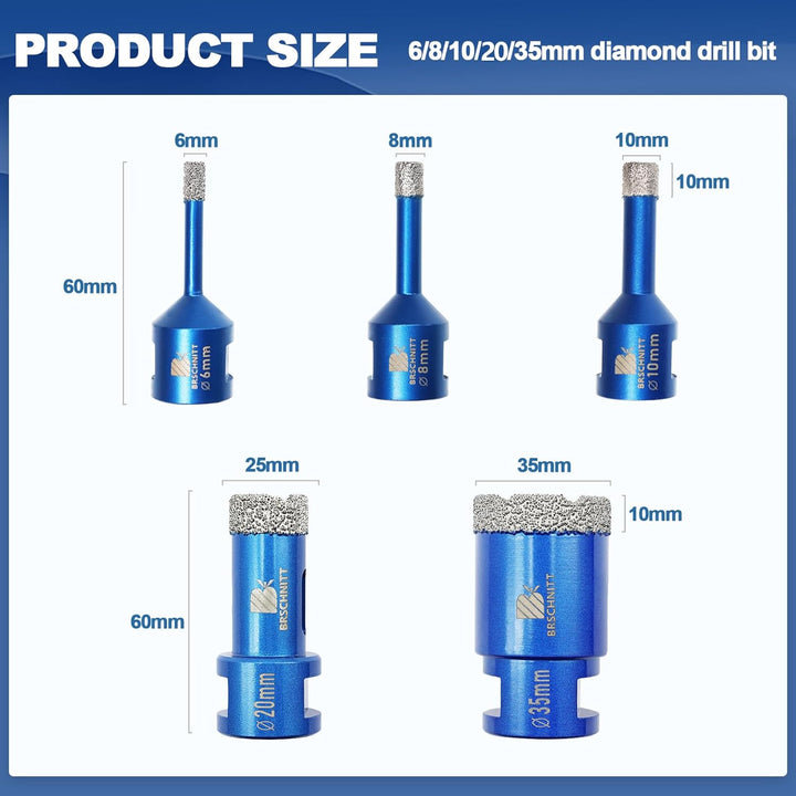 Diamantbohrer Fliesenbohrer Set -6 8 10 20 35mm Diamantbohrer für Porzellan Fliese Granit Marmor Tro