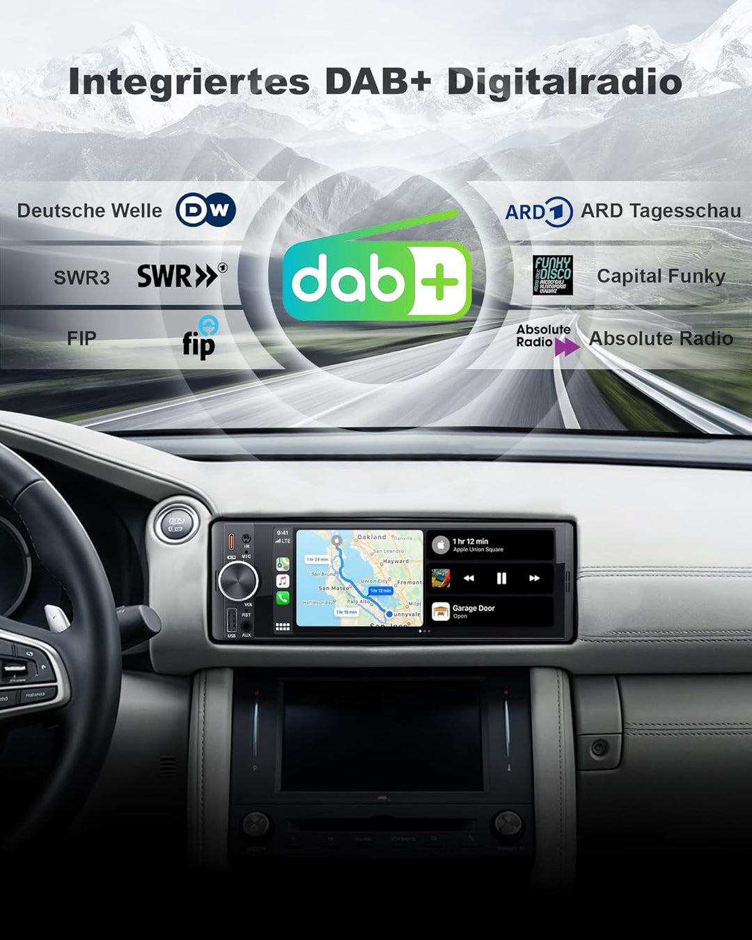 6,36 Zoll 1 DIN Autoradio mit Drahtlosem CarPlay & Android Auto, DAB+, Type-C Schnellladung (QC3.0/P