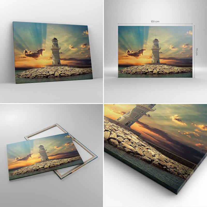 Bilder auf Leinwand 100x70cm Leinwandbild Leuchtturm Wasser Meer Steine Gross Wanddeko Bild Schlafzi