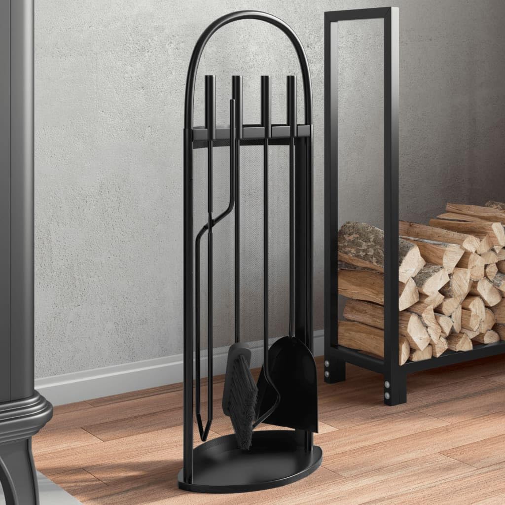 Kaminbesteck-Set 5-teilig aus Stahl für Holzofen, Schwedenofen und Feuerstelle mit Halter, Schürhake