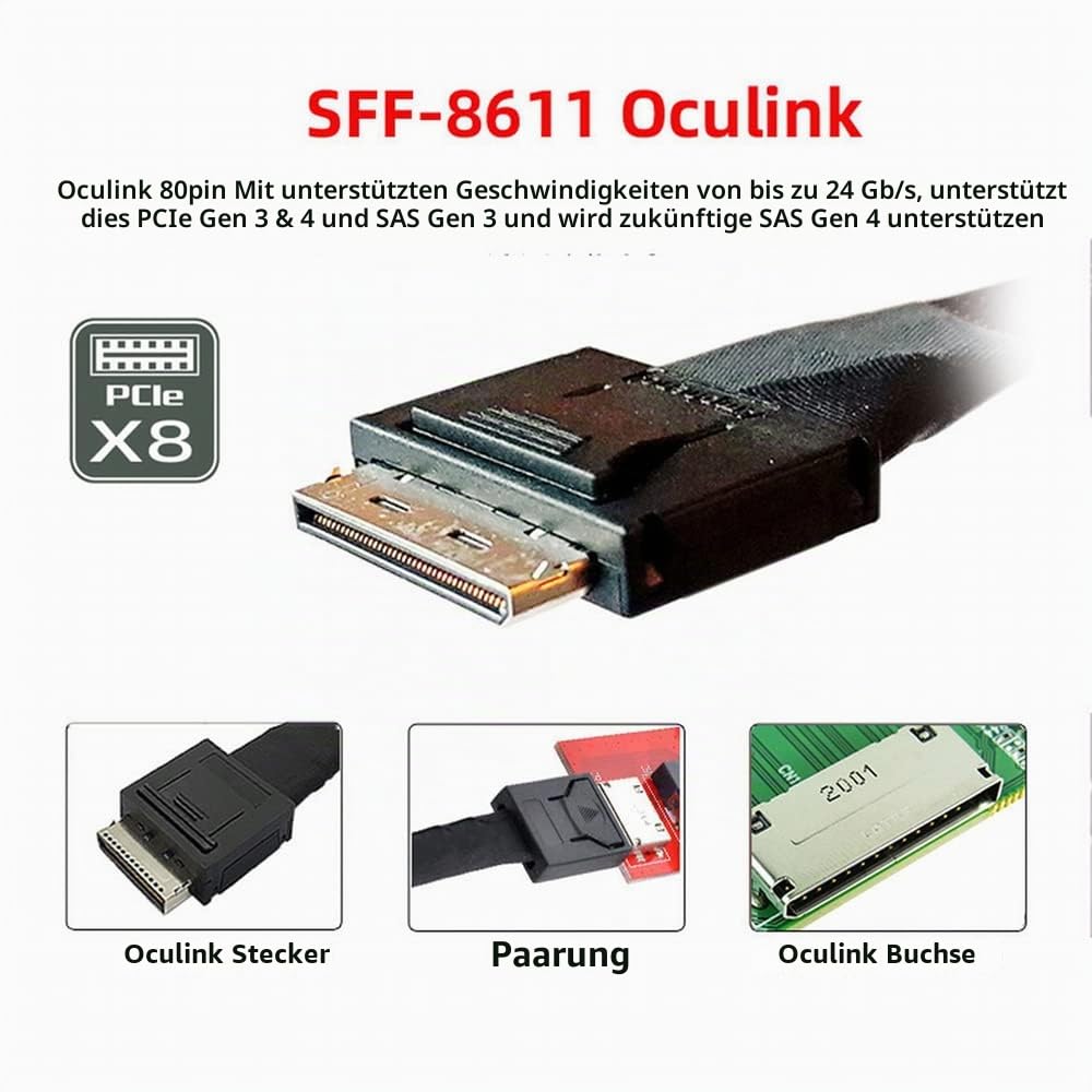 cablecc 50cm OCuLink PCIe PCI-Express SFF-8611 8x 8-Lane zu OCuLink SFF-8611 8x SSD Daten Aktiv Kabe
