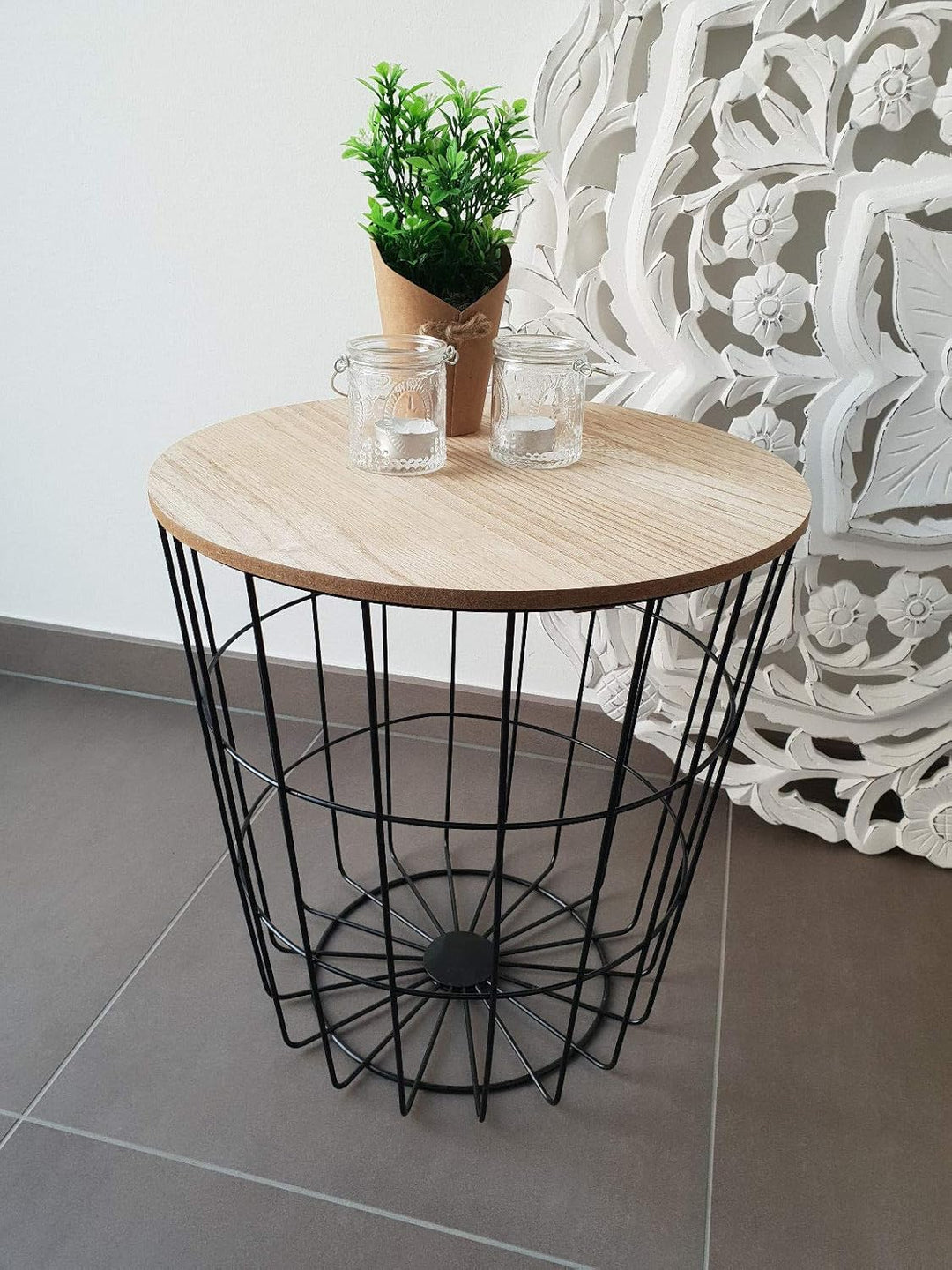 Meinposten Beistelltisch Nachttisch Tisch Korb mit Stauraum Couchtisch Metall Korb schwarz Holz Deck