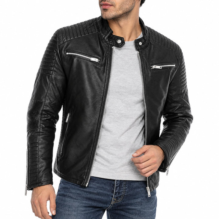 Herren Lederjacke Kunstleder Bikerjacke Übergangsjacke Brooklyn Slim Fit Schwarz XL Schwarz, XL Schw