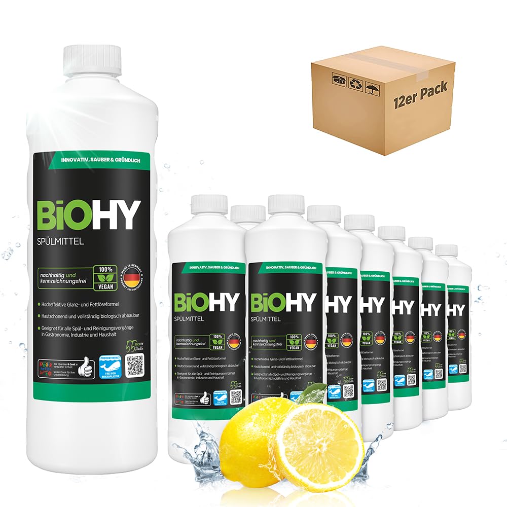 BiOHY Spülmittel (12 x 1 Liter) | Bio Geschirrspülmittel ohne schädliche Chemikalien | Flüssiger Fet