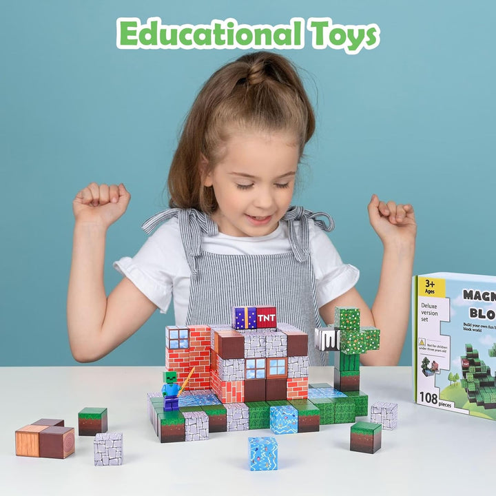 Euakee Magnetische Bausteine, 108 Stück Magnetic Blocks, Bauen Magnetbausteine Welt, Kreative Kinder