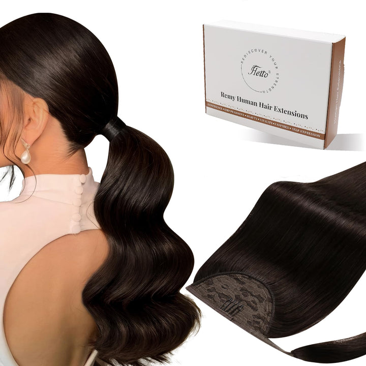 Hetto Extensions Echthaar Zopf Natur Schwarzbraun 40cm 80g - Zopfverlängerung mit Hoher Frisur-Stabi