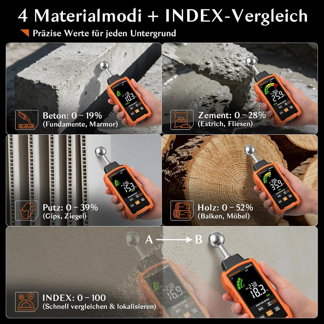 Feuchtigkeitsmessgerät Wand 5 Modi, Feuchtigkeitsmesser Zerstörungsfrei 40mm Tiefe, Feuchtemessgerät