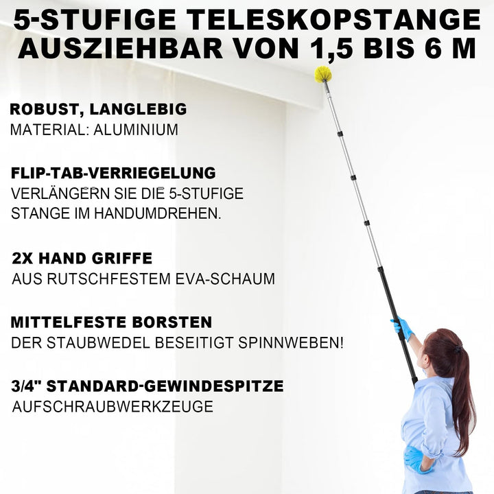 ARTIPOLY 6 m Staubwedel mit Teleskop Waschbar, 5-stufiger mit Borsten | 1,5–6 m Langer Staubwedel fü