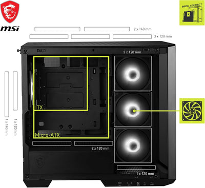 MSI MAG PANO M100R PZ mATX PC-Gehäuse - 3 x 120 mm Reverse-Blade ARGB-Lüfter und 1 x 120 mm ARGB-Lüf