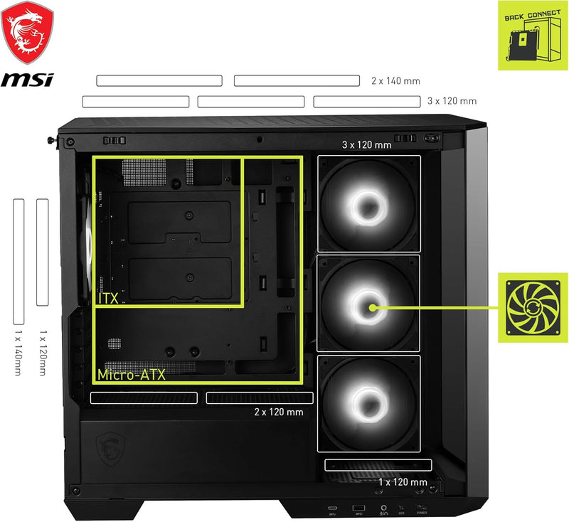 MSI MAG PANO M100R PZ mATX PC-Gehäuse - 3 x 120 mm Reverse-Blade ARGB-Lüfter und 1 x 120 mm ARGB-Lüf