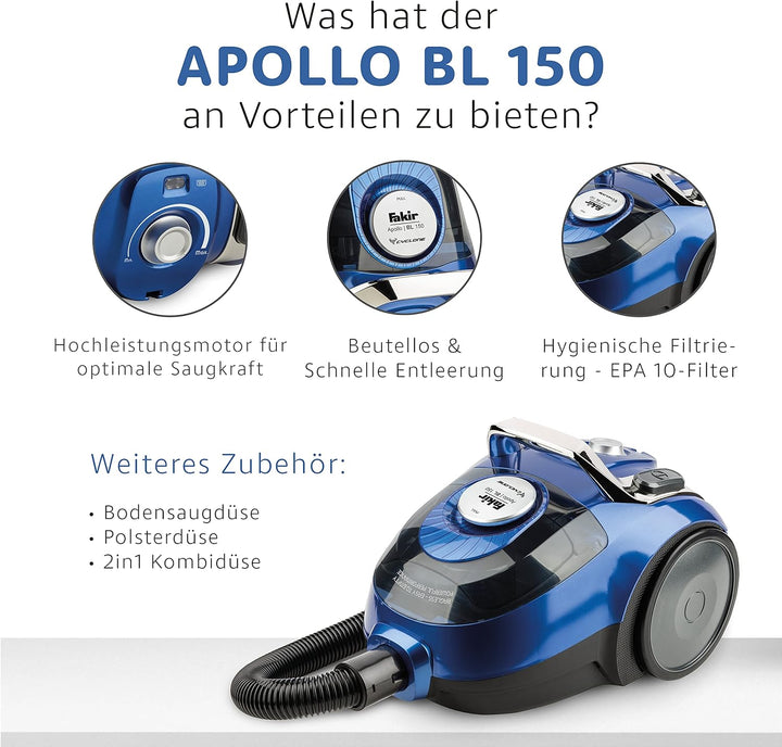 Fakir Apollo BL 150 Staubsauger beutellos 800 W, Staubsauger ohne Beutel, kabelgebunden, einstellbar