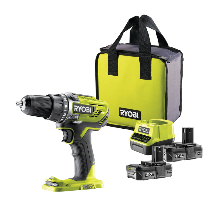RYOBI 18 V ONE+ Akku-Bohrschrauber R18DD3-220S, 50 Nm Drehmoment, 2-Gang, LED, mit 2 x 2,0 Ah Lithiu