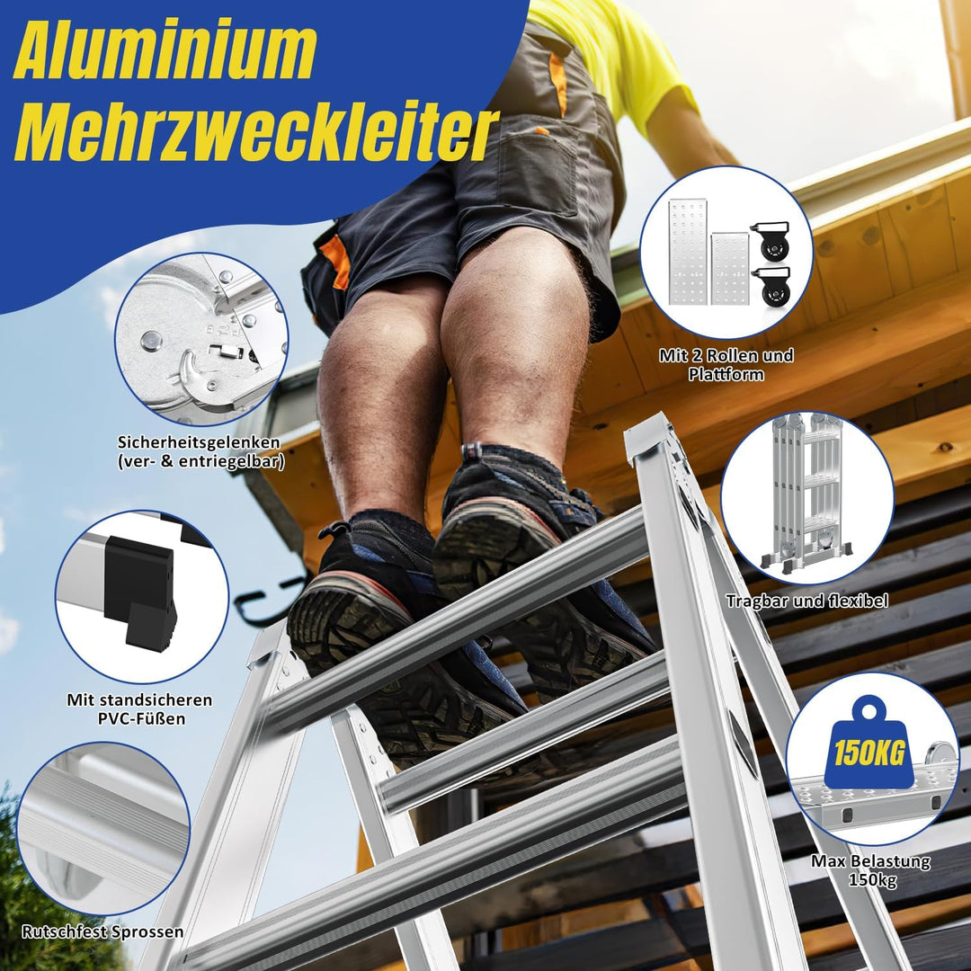 4x3 Mehrzweckleiter 360cm 7 in 1 Alu Leiter mit 2 plattform und 2 Transport Rollen bis 150 kg，Vielzw