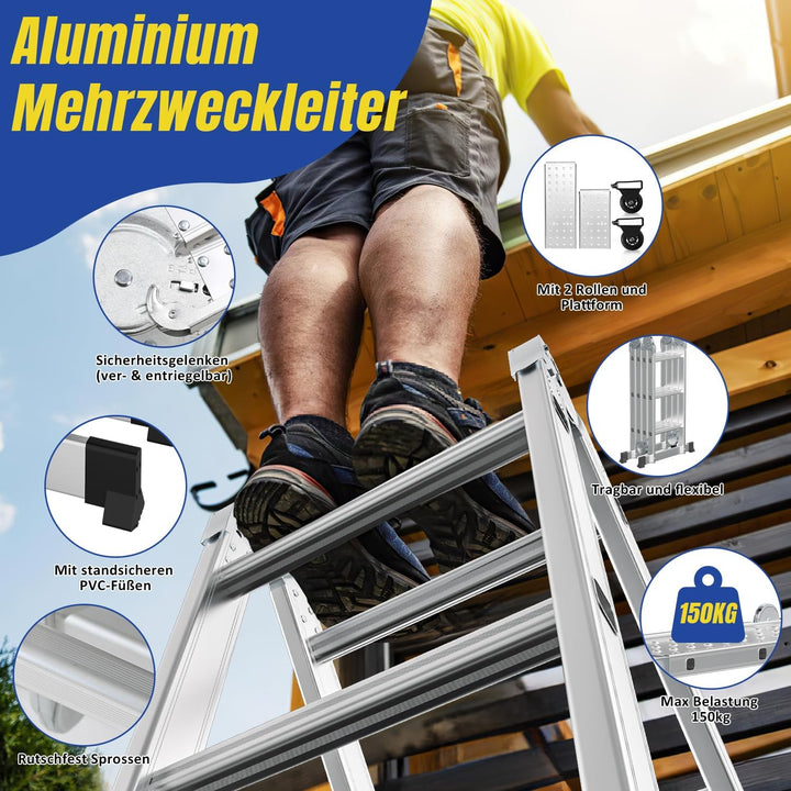 4x3 Mehrzweckleiter 360cm 7 in 1 Alu Leiter mit 2 plattform und 2 Transport Rollen bis 150 kg，Vielzw