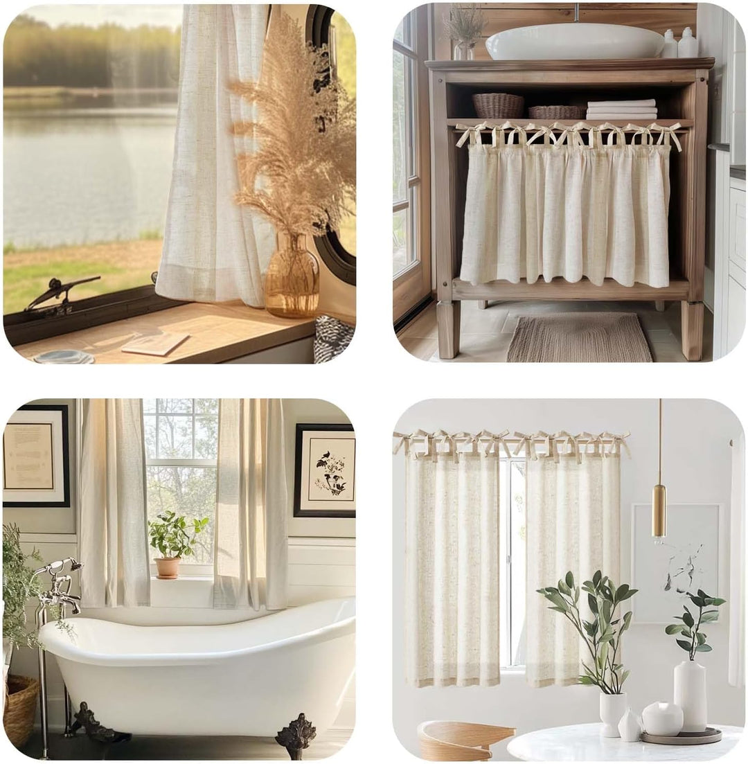 Vangao Scheibengardinen Natur Beige Modern Küche Leinenoptik Bistrogardine 2er Set 65Bx60Hcm mit Bin