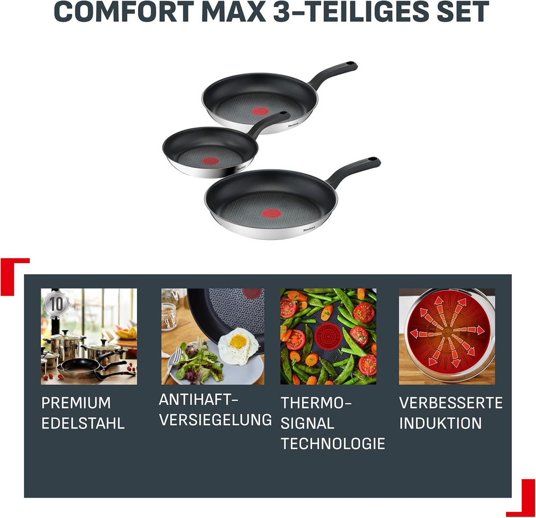 Tefal Comfort Max 3-tlg. Pfannen-Set, Power Resist Versiegelung, Thermo-Signal, Thermo-Fusion Boden,