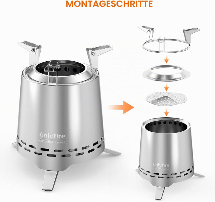 Onlyfire Edelstahl Tischfeuer mit Topfhalter und Tragetasche, Raucharmer Mini Tischkamin für Pellets