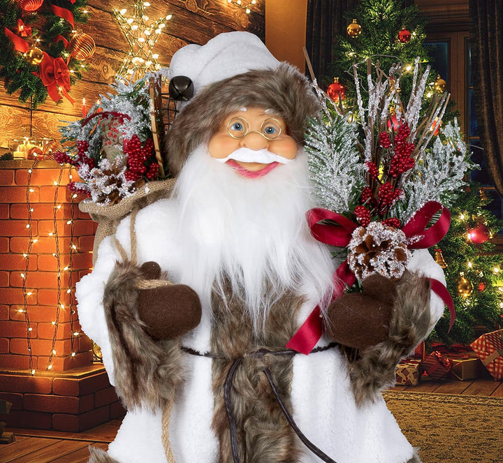 Christmas Paradise Stehender Weihnachtsmann Klaus 60cm Weiss-Braun Deko-Figur Santa Nikolaus, 60cm