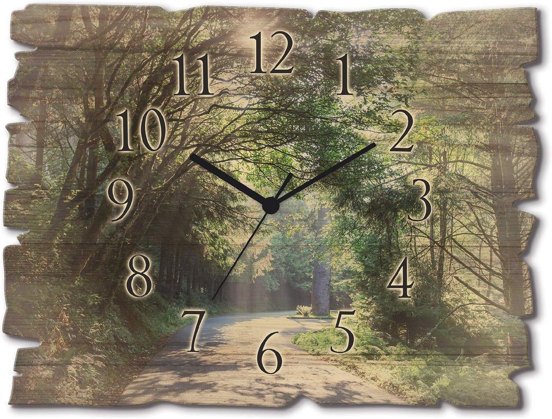 ARTLAND Wanduhr ohne Tickgeräusche aus Holz Quarz Uhr lautlos 40x30 cm Rechteckig Wald Landschaft Na