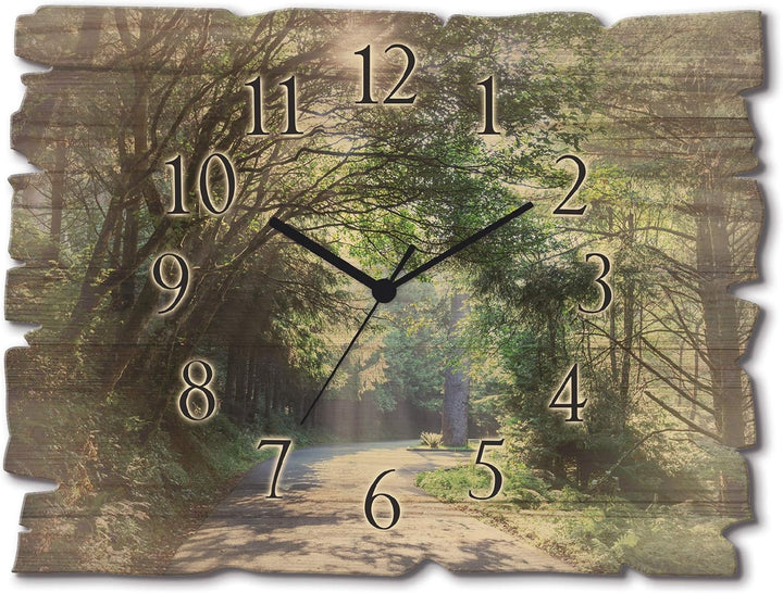 ARTLAND Wanduhr ohne Tickgeräusche aus Holz Quarz Uhr lautlos 40x30 cm Rechteckig Wald Landschaft Na