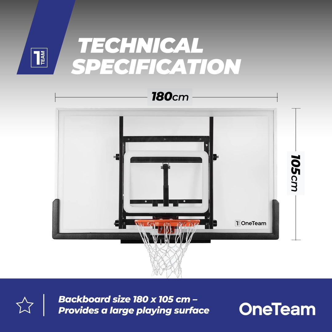 OneTeam Basketball Backboard Grösse 180 x 105 cm Farbe Schwarz Höhenverstellbares Backboard mit Nylo