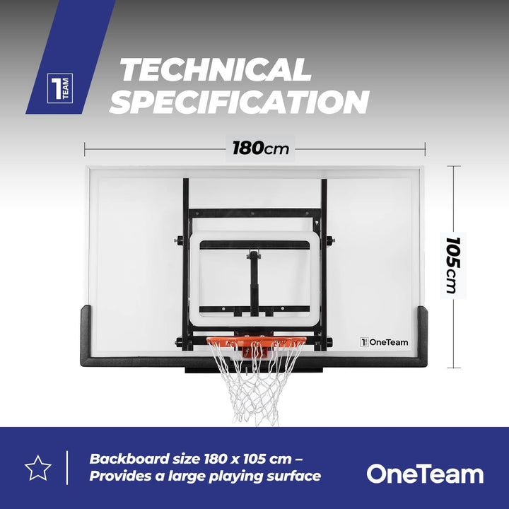 OneTeam Basketball Backboard Grösse 180 x 105 cm Farbe Schwarz Höhenverstellbares Backboard mit Nylo