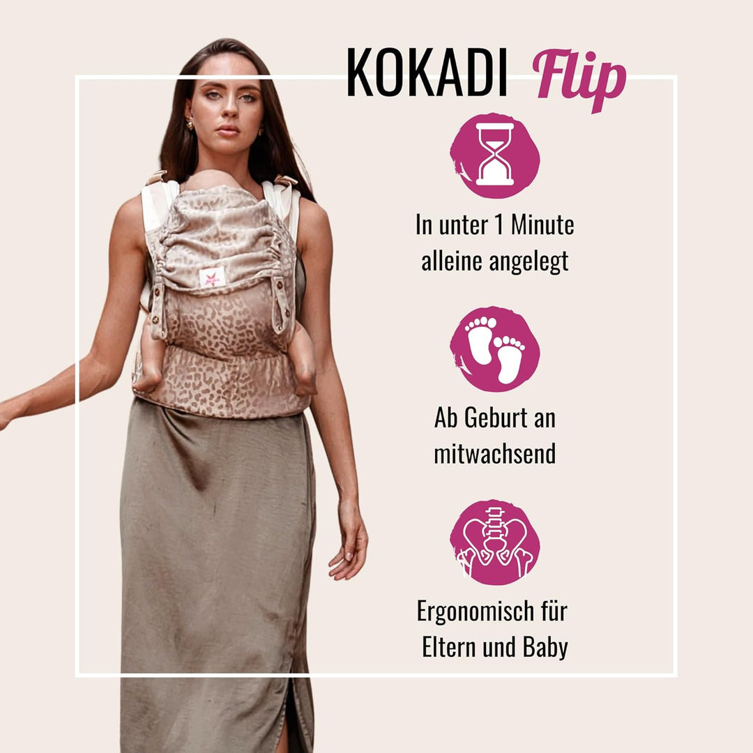 KOKADI Babytrage Flip Safari Eleni (Unisize)– Ergonomisch & sicher - handgefertigt – Ab Geburt bis 1