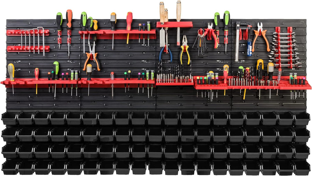 Lagersystem Werkstattregal | 156 x 78 cm | 76 stck. Box | Wandregal mit Werkzeughalterungen und Stap