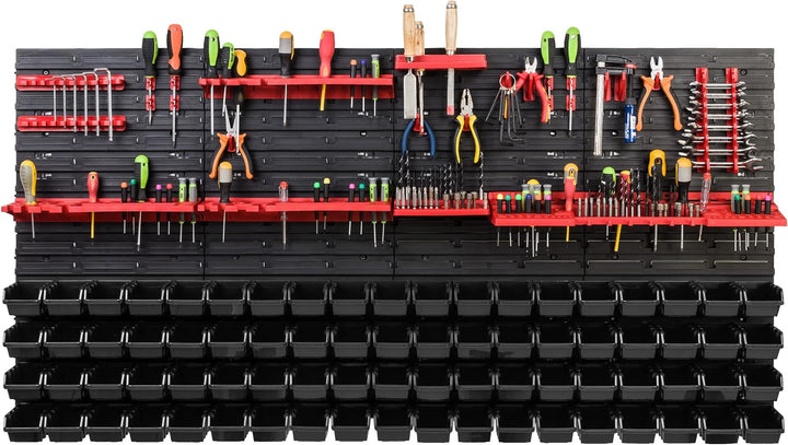 Lagersystem Werkstattregal | 156 x 78 cm | 76 stck. Box | Wandregal mit Werkzeughalterungen und Stap