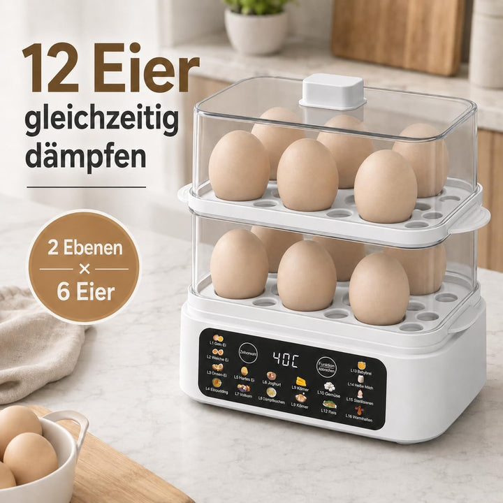 Eierkocher für 12 Eier, Multifunktions-Dampfgarer 2,5L mit 16 Programmen, 300W Eier Kocher mit Edels
