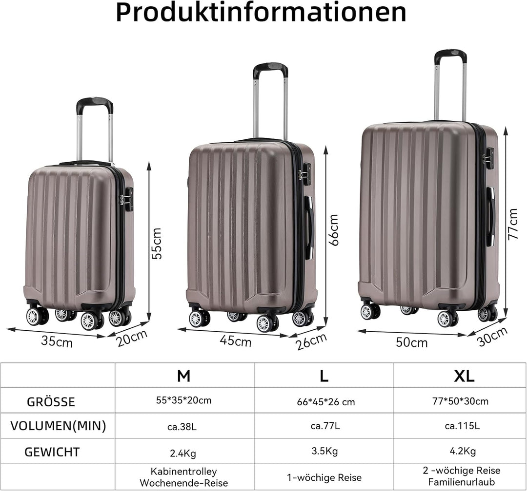 BEIBYE TSA-Schloss 2080 Zwillingsrollen 3 TLG. Reisekofferset Koffer Kofferset Trolley Trolleys Hart