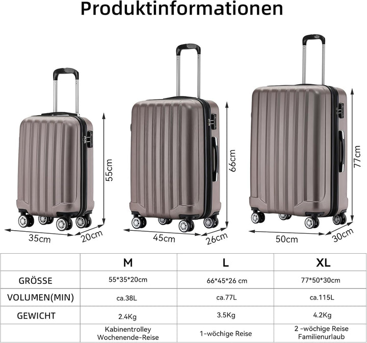 BEIBYE TSA-Schloss 2080 Zwillingsrollen 3 TLG. Reisekofferset Koffer Kofferset Trolley Trolleys Hart